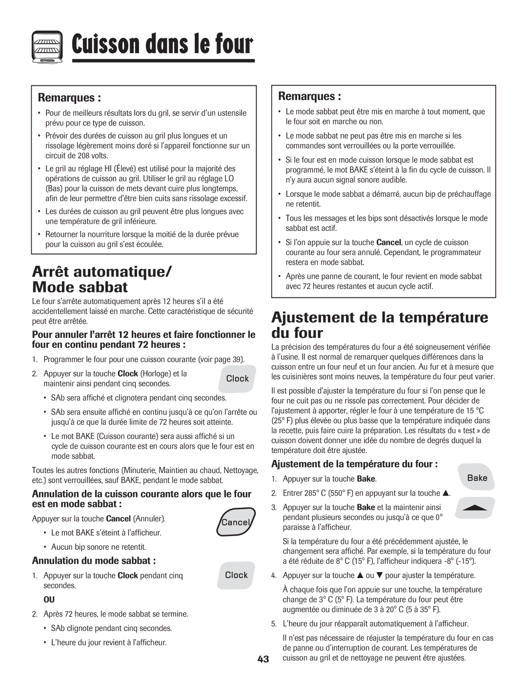 Amana Electric Smoothtop Range Arrêt automatique, Mode sabbat, Ajustement de la température, Du four 