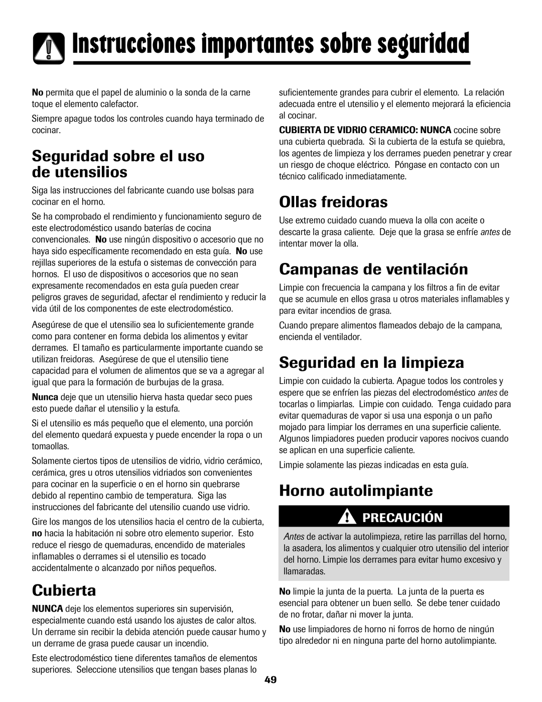 Amana Electric Smoothtop Range Seguridad sobre el uso de utensilios, Cubierta, Ollas freidoras, Campanas de ventilación 