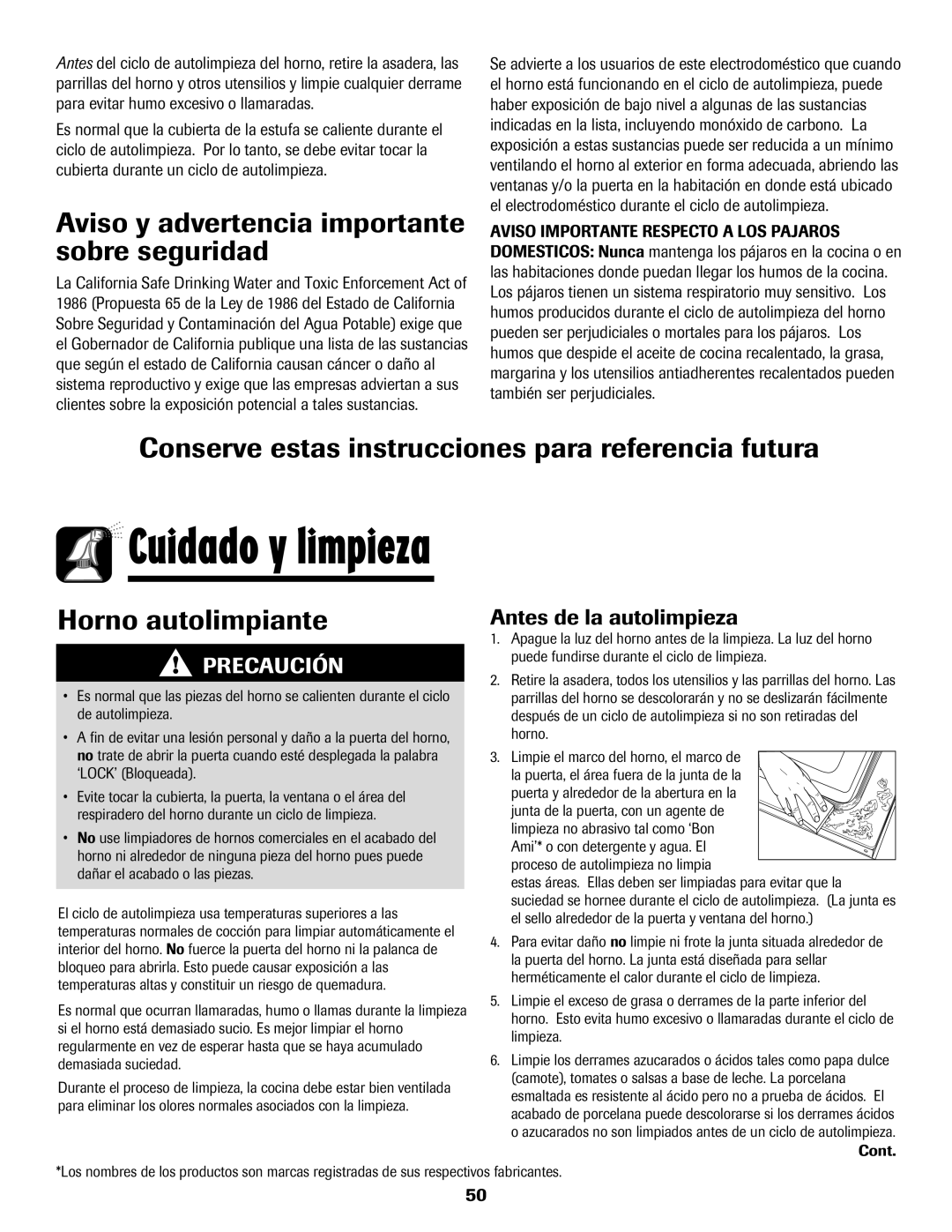 Amana Electric Smoothtop Range Aviso y advertencia importante sobre seguridad, Antes de la autolimpieza 