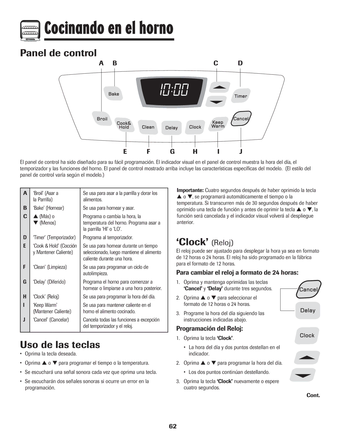 Amana Electric Smoothtop Range Cocinando en el horno, Panel de control, Uso de las teclas, ‘Clock’ Reloj 