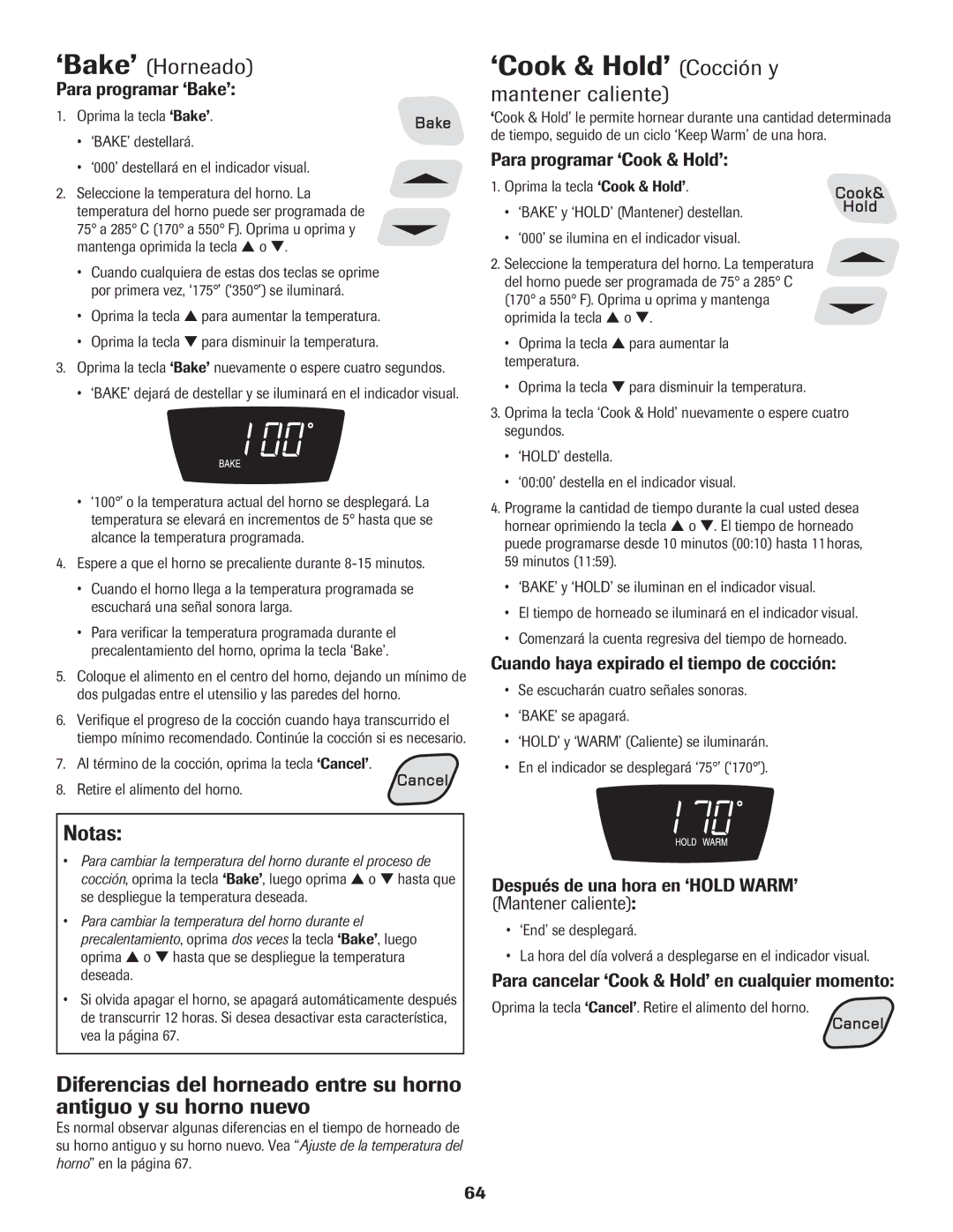 Amana Electric Smoothtop Range important safety instructions ‘Cook & Hold’ Cocción y, ‘Bake’ Horneado, Mantener caliente 