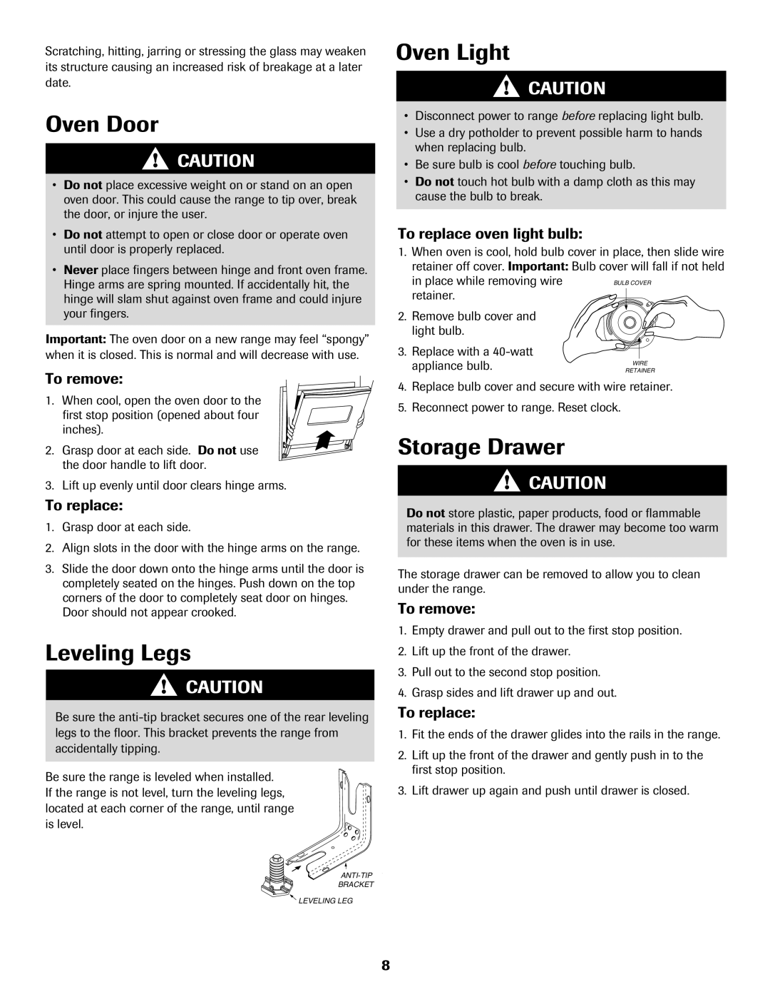 Amana Electric Smoothtop Range important safety instructions Oven Door, Leveling Legs, Oven Light, Storage Drawer 