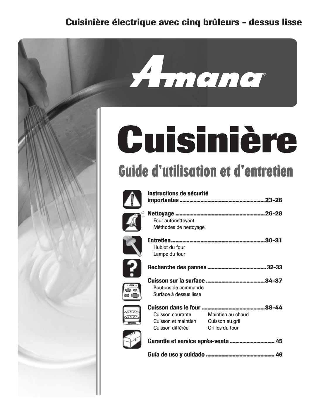Amana Electric Smoothtop Range Instructions de sécurité, 23-26, 26-29, 30-31, 32-33, 34-37, 38-44, Cuisinière 
