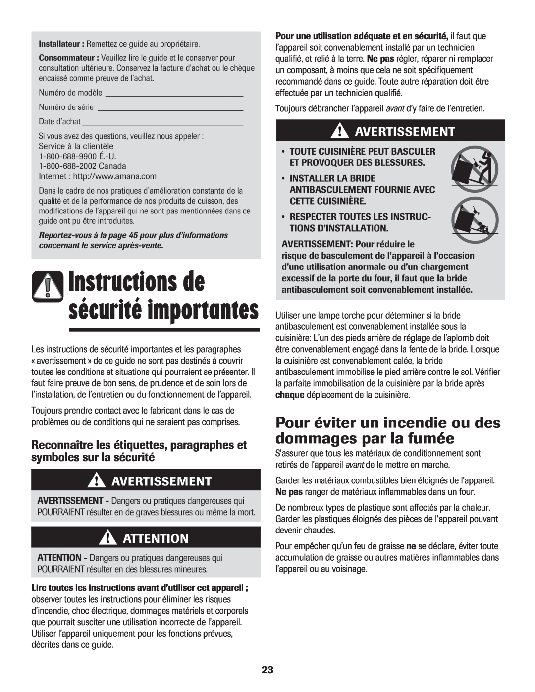 Amana Electric Smoothtop Range important safety instructions Avertissement, Instructions de sécurité importantes 