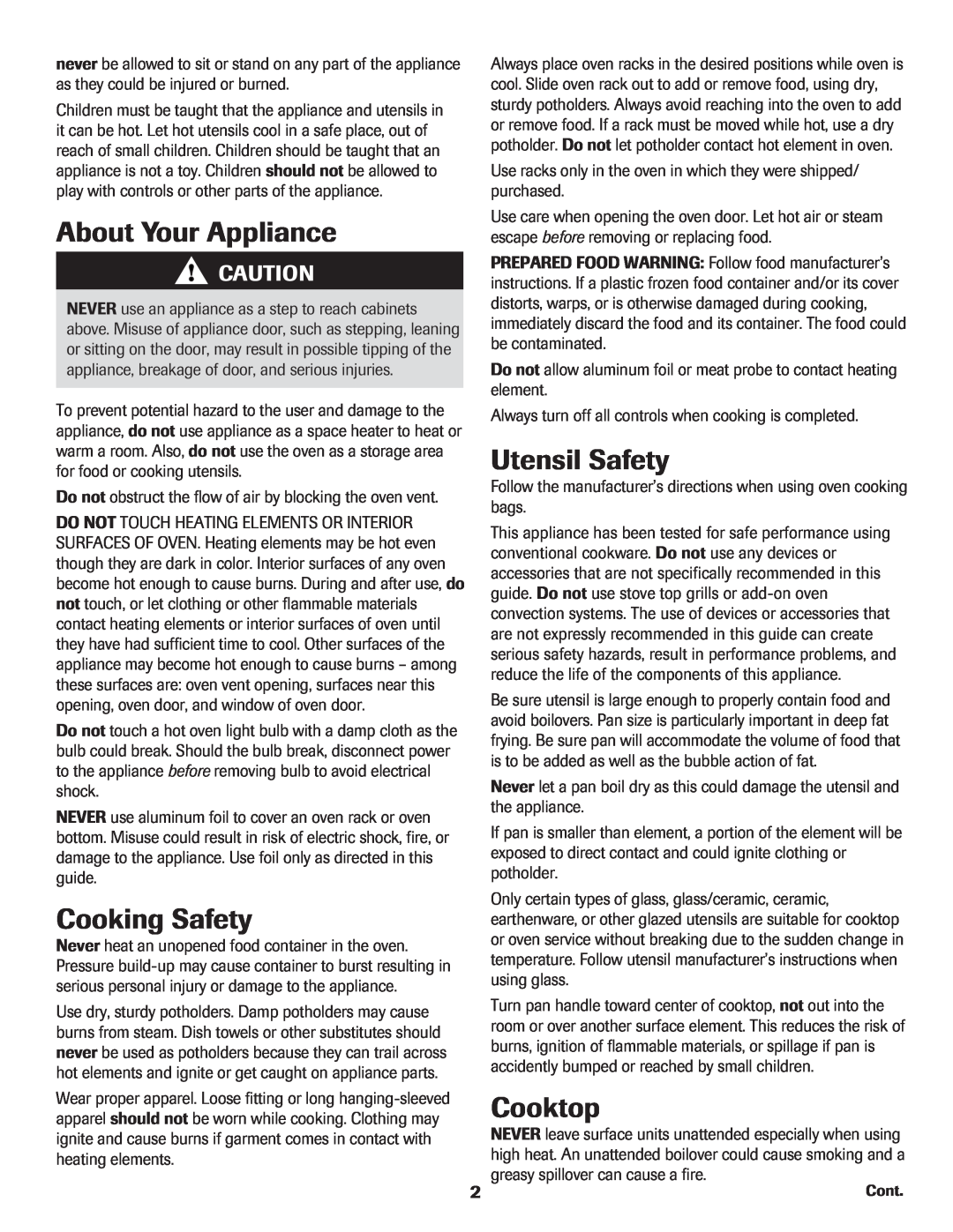 Amana Electric Smoothtop Range important safety instructions About Your Appliance, Cooking Safety, Utensil Safety, Cooktop 
