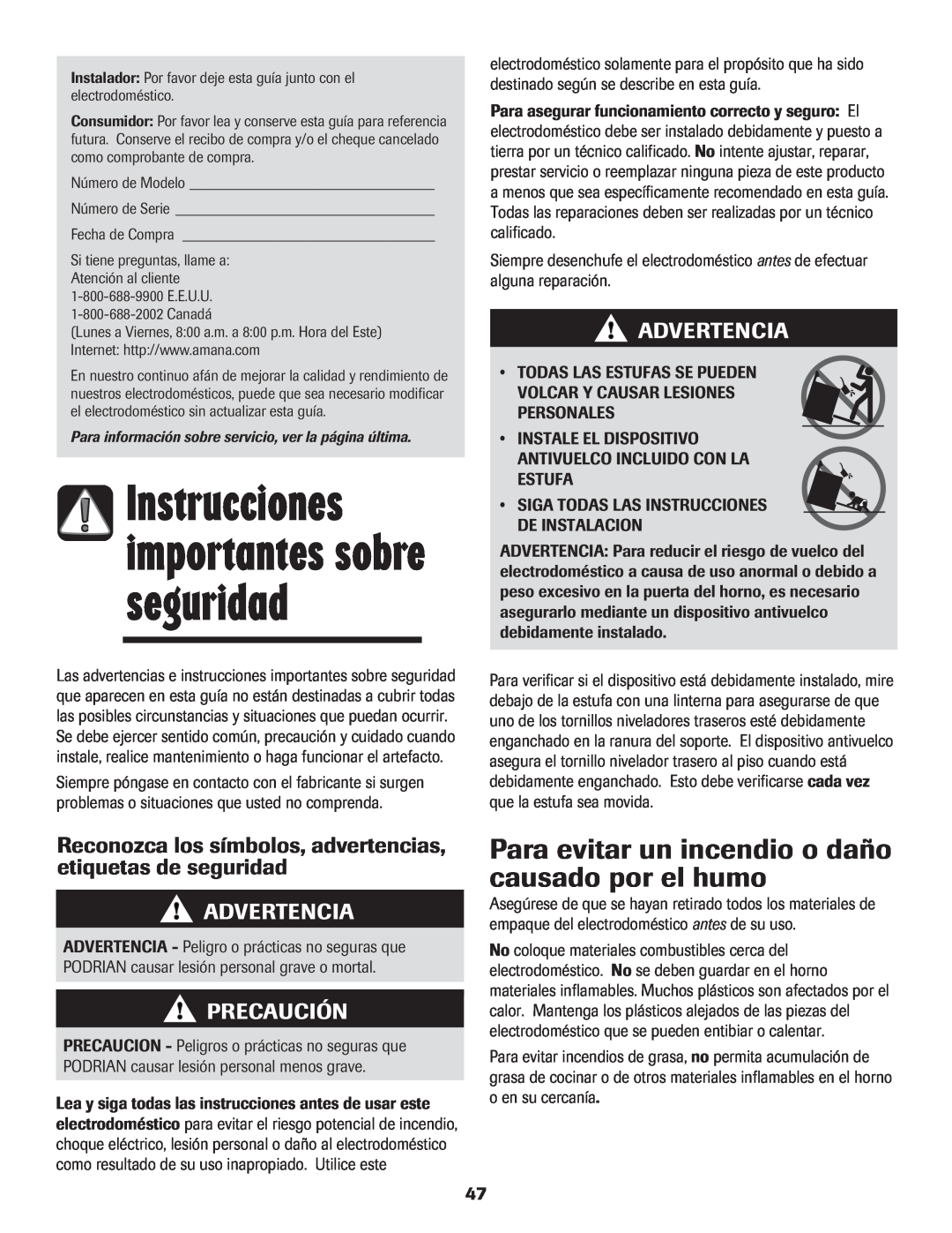 Amana Electric Smoothtop Range Instrucciones importantes sobre seguridad, Advertencia, Precaución 