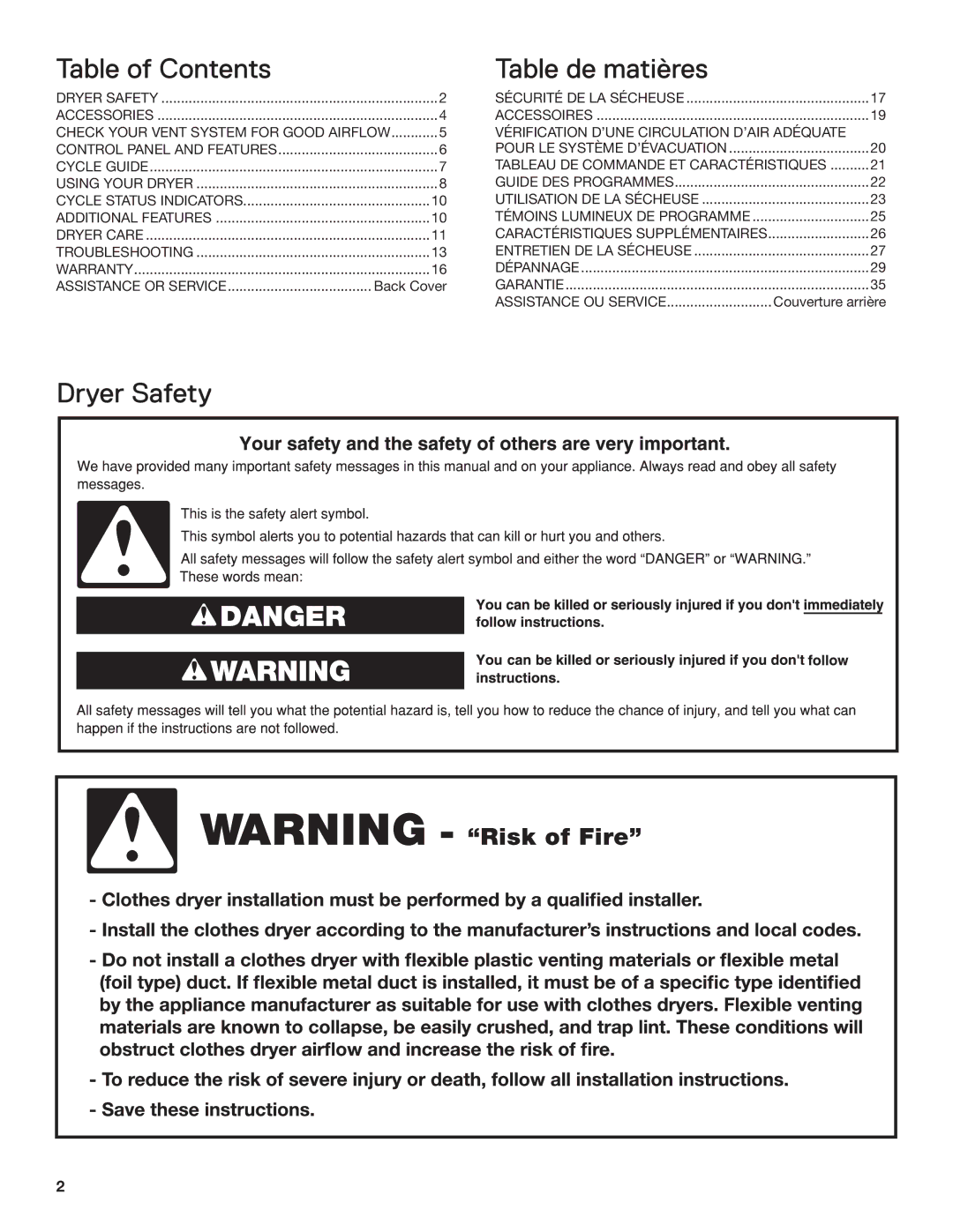 Amana electronic dryer manual Table of Contents, Dryer Safety Table de matières 