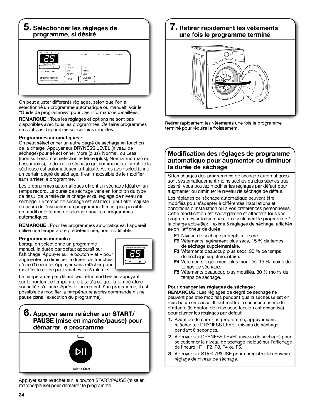 Amana electronic dryer manual Programmes automatiques, Programmes manuels 