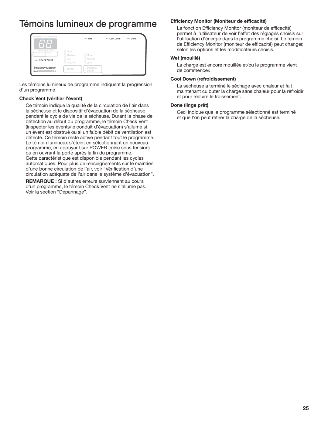 Amana electronic dryer manual Témoins lumineux de programme 