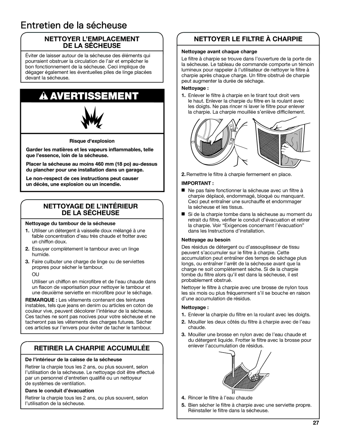 Amana electronic dryer manual Entretien de la sécheuse 