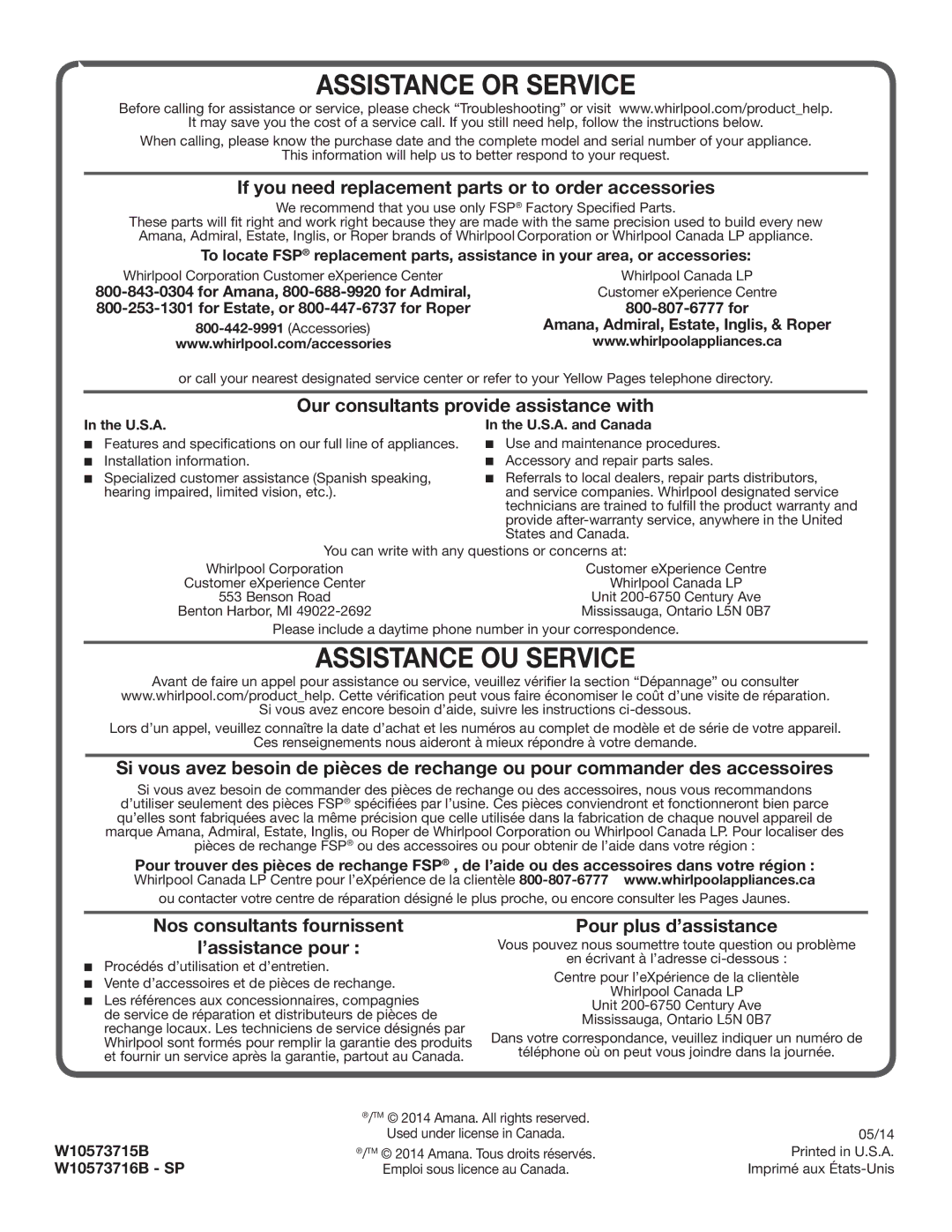 Amana electronic dryer manual For Amana, 800-688-9920 for Admiral, For Estate, or 800-447-6737 for Roper, W10573715B 