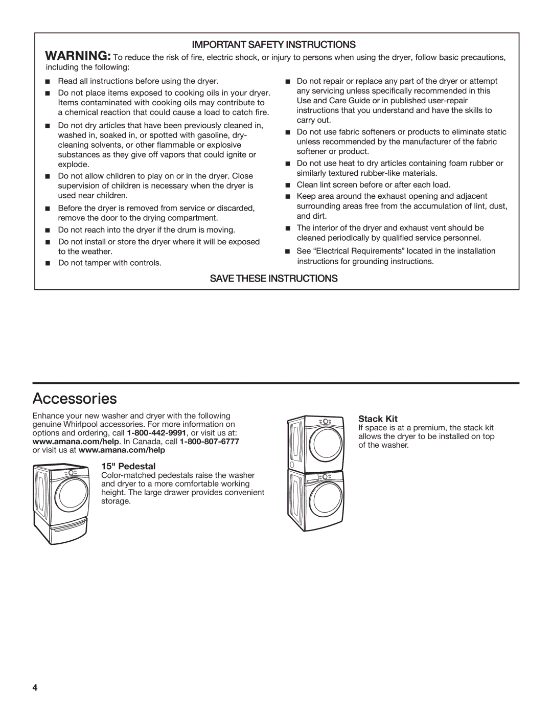 Amana electronic dryer manual Accessories, Pedestal, Stack Kit 