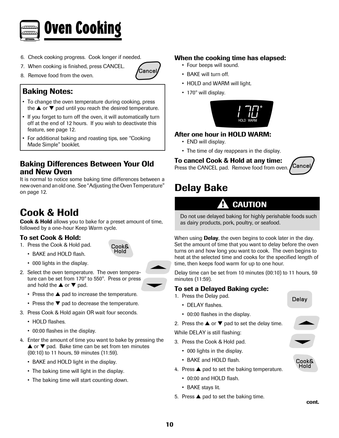 Amana Electronic Range warranty Cook & Hold, Delay Bake, Baking Notes, Baking Differences Between Your Old and New Oven 