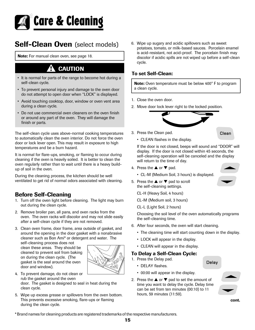 Amana Electronic Range warranty Before Self-Cleaning, To set Self-Clean, To Delay a Self-Clean Cycle 