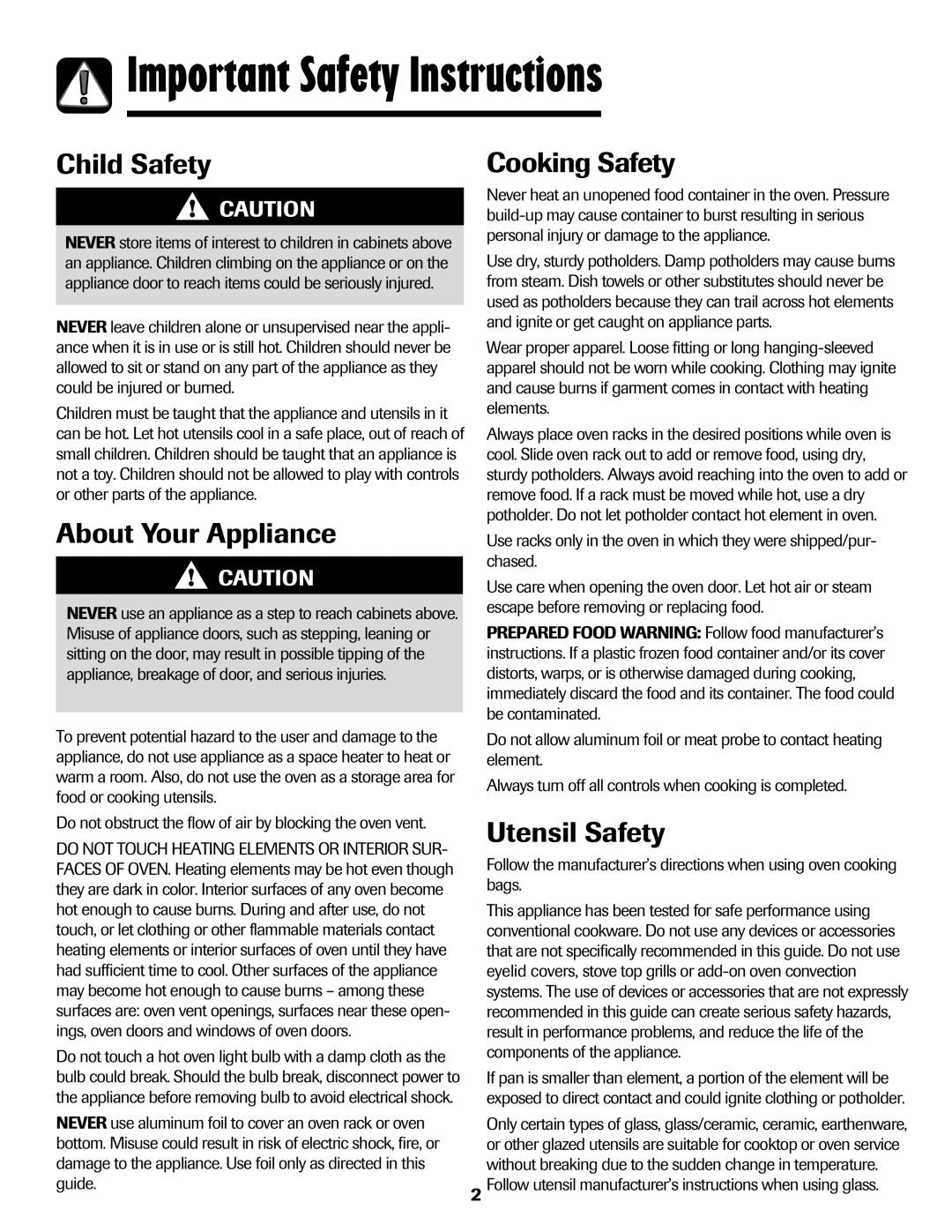 Amana Electronic Range Important Safety Instructions, Child Safety, About Your Appliance, Cooking Safety, Utensil Safety 