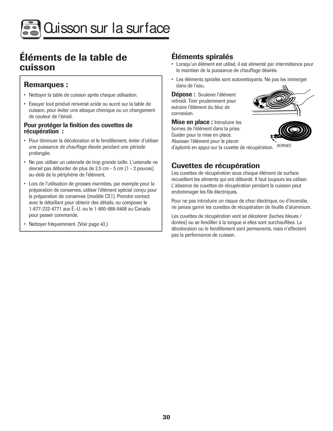 Amana Electronic Range warranty Éléments de la table de cuisson, Remarques, Éléments spiralés, Cuvettes de récupération 