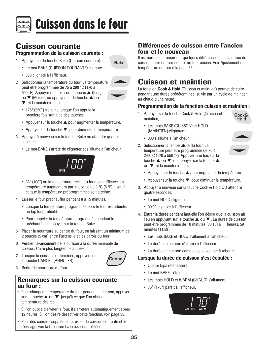 Amana Electronic Range warranty Cuisson courante, Cuisson et maintien, Remarques sur la cuisson courante au four 