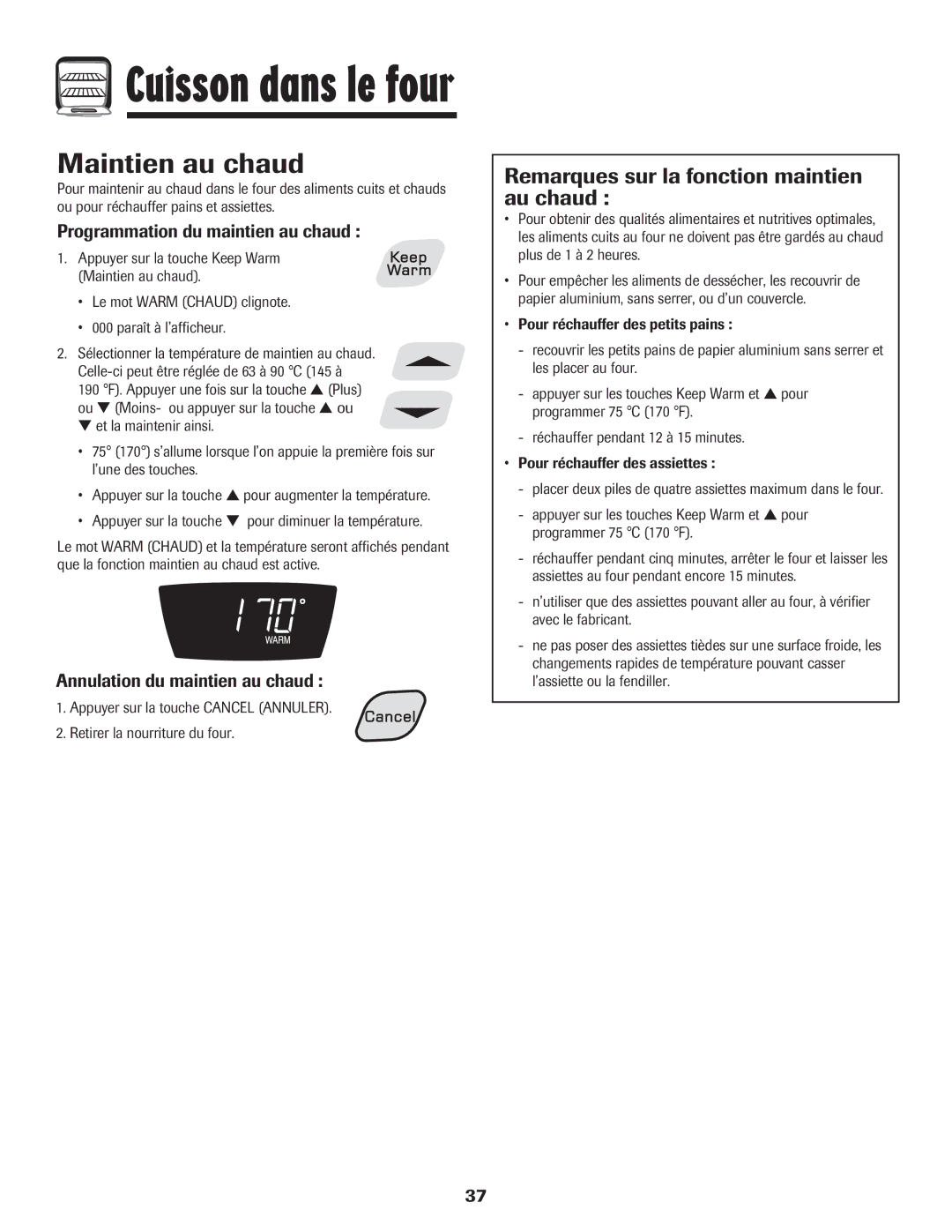 Amana Electronic Range Maintien au chaud, Remarques sur la fonction maintien au chaud, Programmation du maintien au chaud 