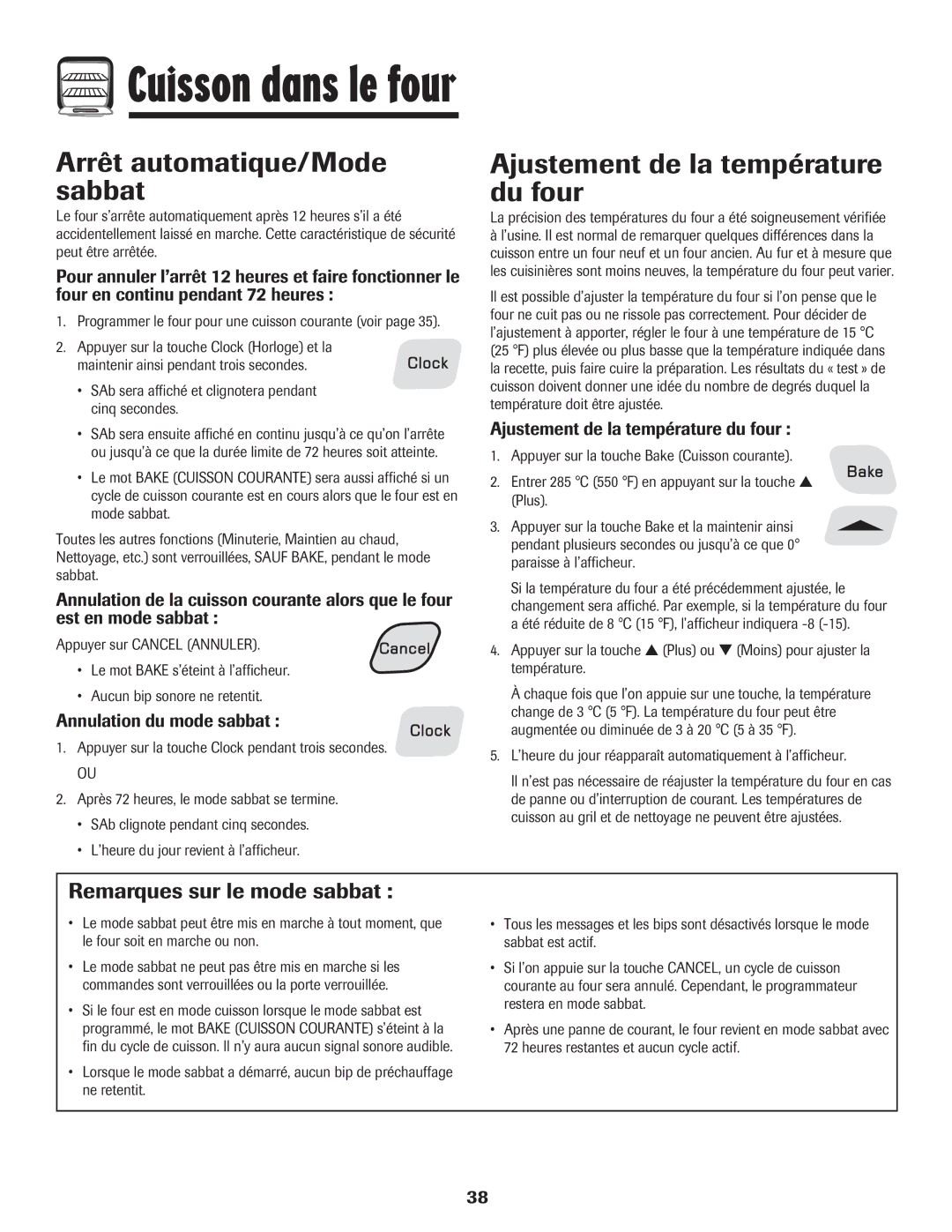 Amana Electronic Range Arrêt automatique/Mode sabbat, Ajustement de la température du four, Remarques sur le mode sabbat 