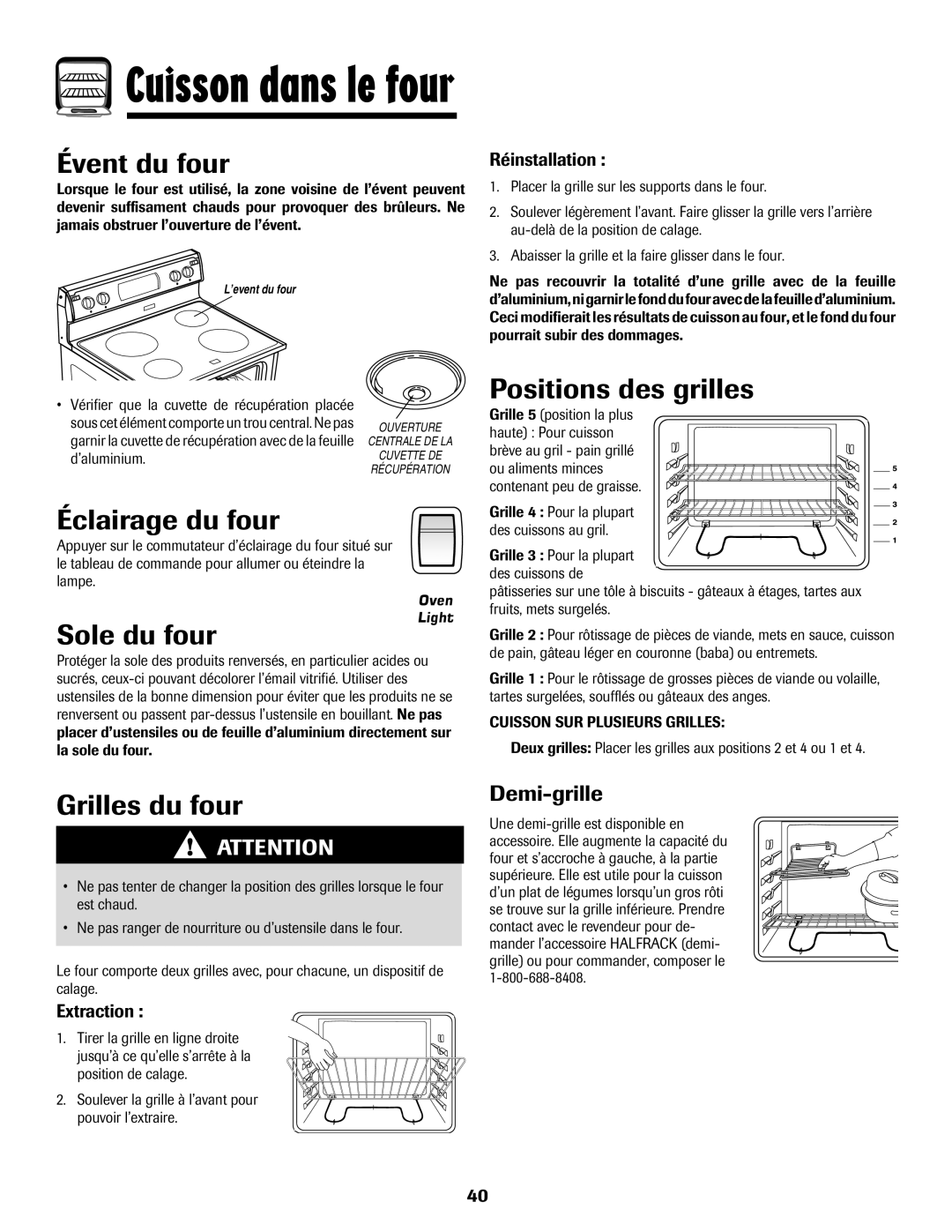 Amana Electronic Range warranty Évent du four, Éclairage du four, Sole du four, Positions des grilles, Grilles du four 