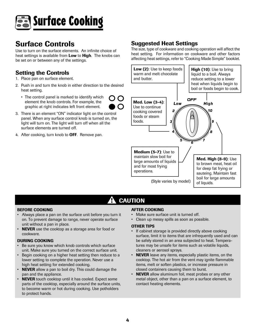 Amana Electronic Range warranty Surface Controls, Suggested Heat Settings, Setting the Controls 