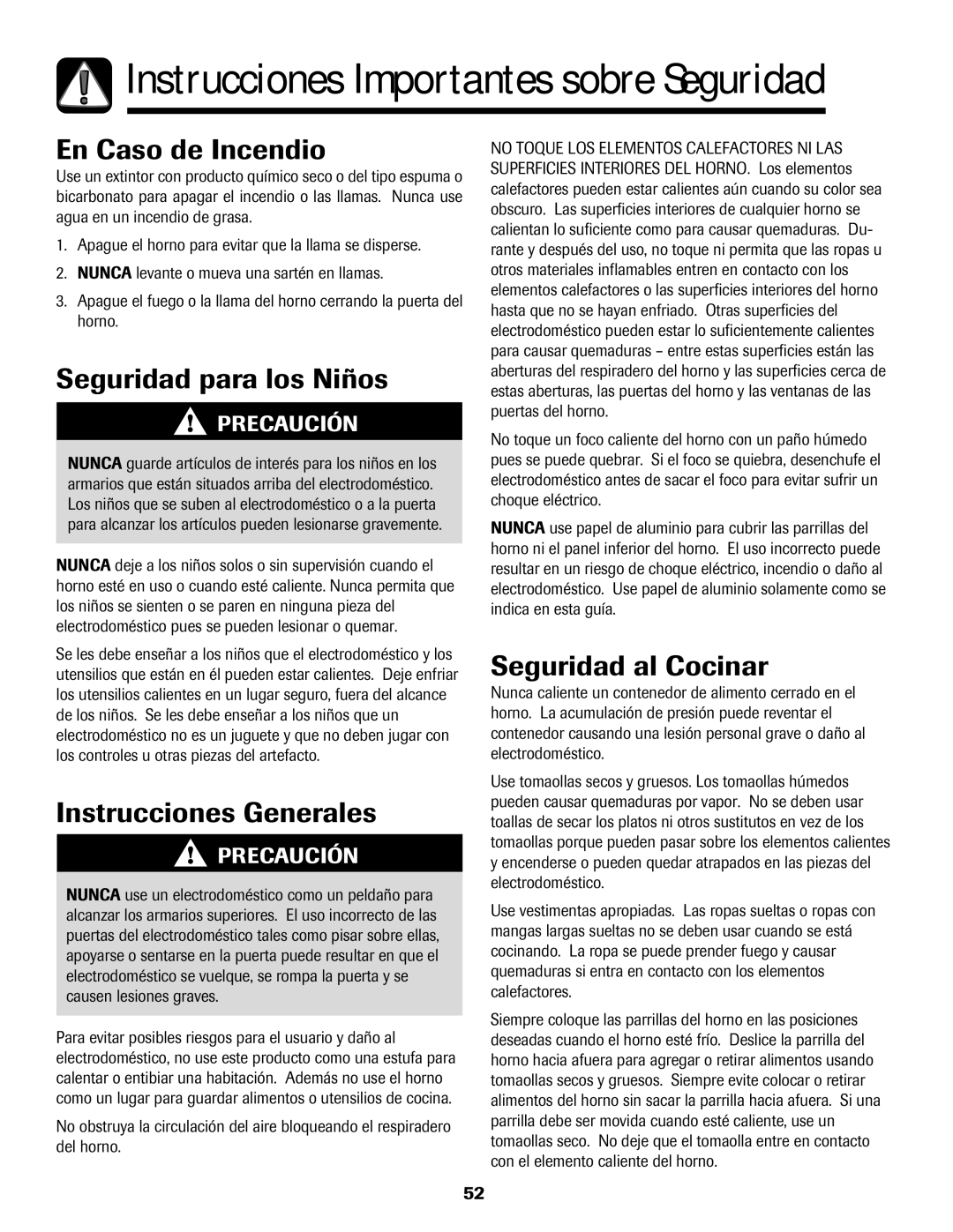 Amana Electronic Range En Caso de Incendio, Seguridad para los Niños, Instrucciones Generales, Seguridad al Cocinar 