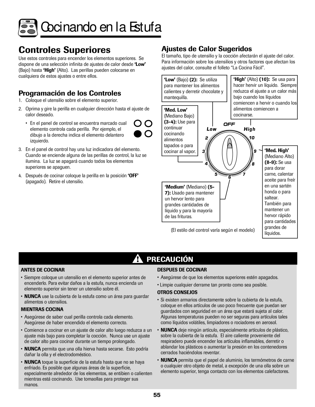 Amana Electronic Range warranty Cocinando en la Estufa, Controles Superiores, Programación de los Controles 