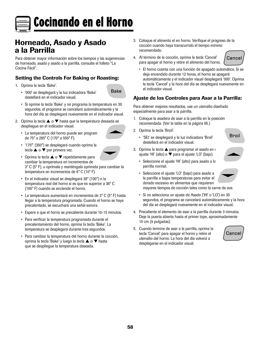 Amana Electronic Range warranty Horneado, Asado y Asado a la Parrilla, Ajuste de los Controles para Asar a la Parrilla 