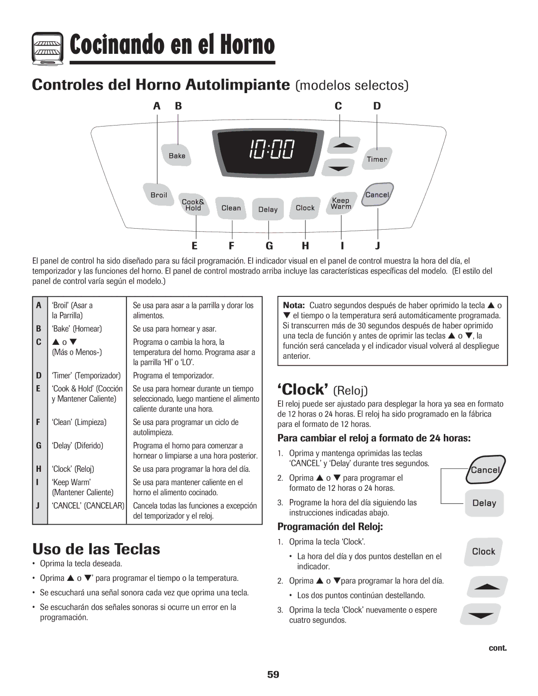 Amana Electronic Range warranty Controles del Horno Autolimpiante modelos selectos, ‘Clock’ Reloj, Programación del Reloj 