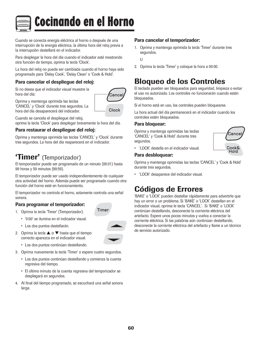 Amana Electronic Range warranty Bloqueo de los Controles, Códigos de Errores, ‘Timer’ Temporizador 