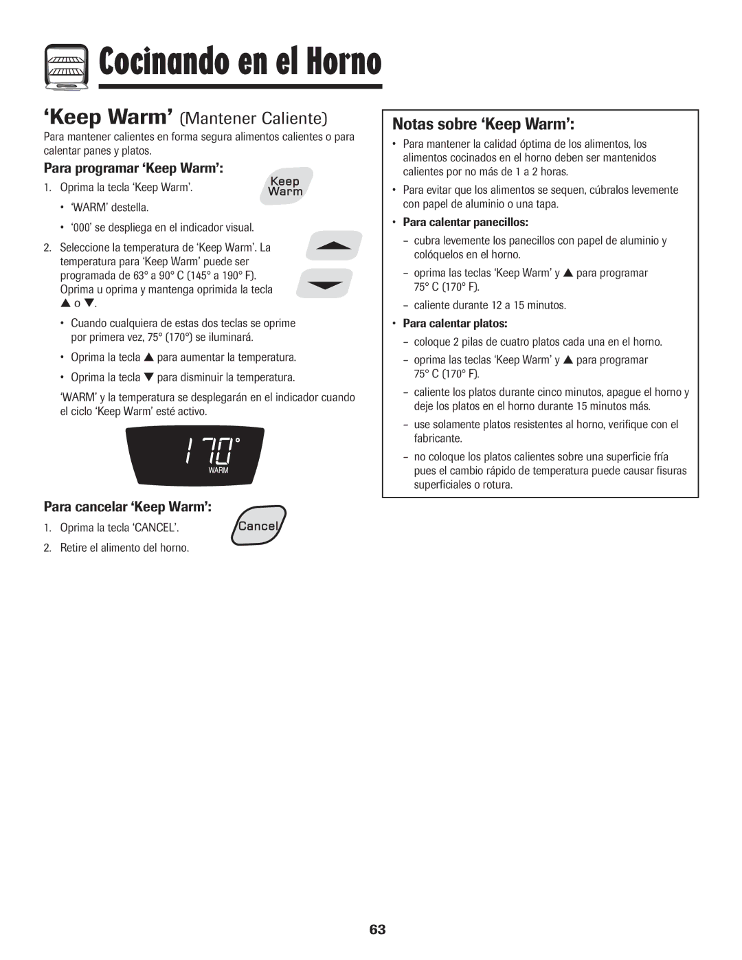 Amana Electronic Range warranty ‘Keep Warm’ Mantener Caliente, Notas sobre ‘Keep Warm’, Para programar ‘Keep Warm’ 