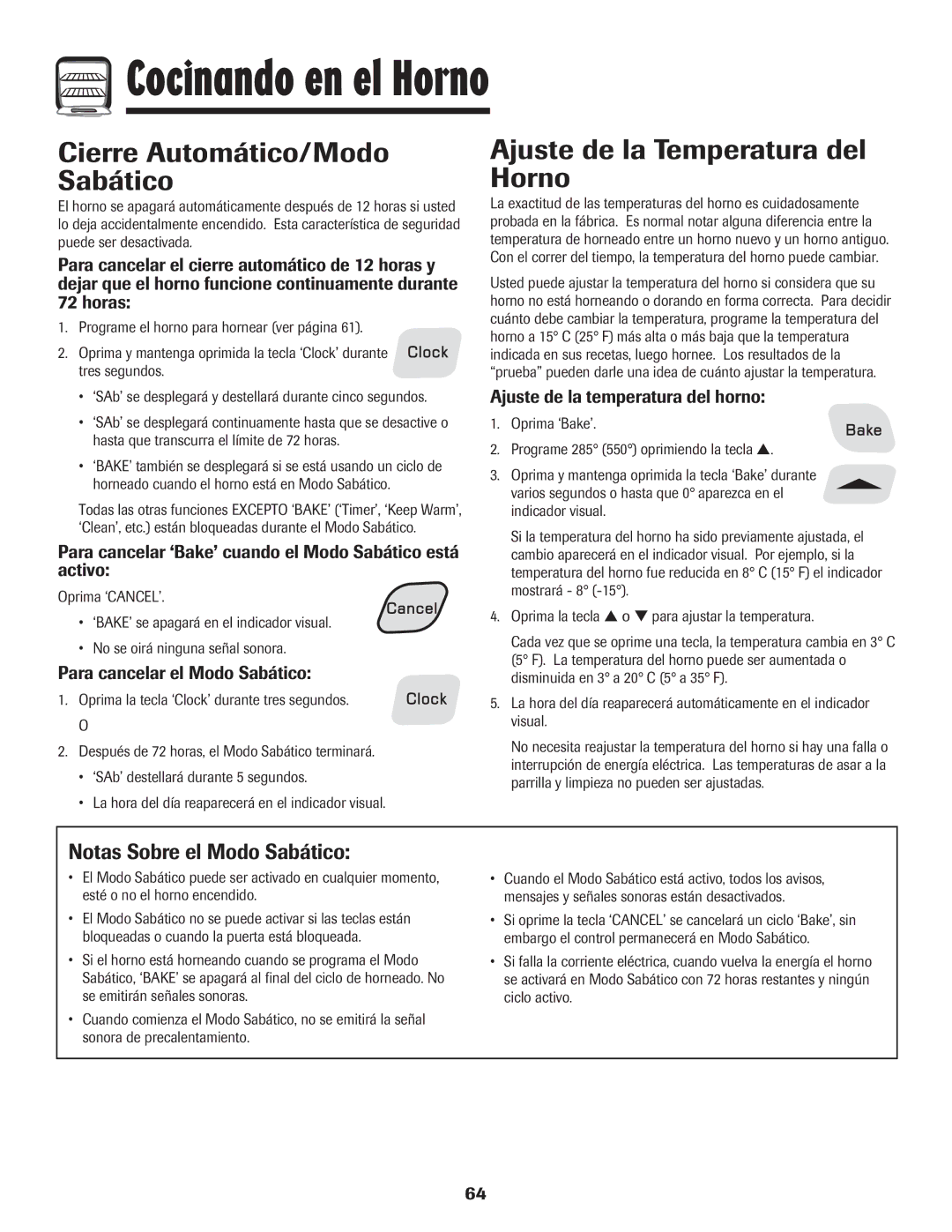 Amana Electronic Range Cierre Automático/Modo Sabático, Ajuste de la Temperatura del Horno, Notas Sobre el Modo Sabático 