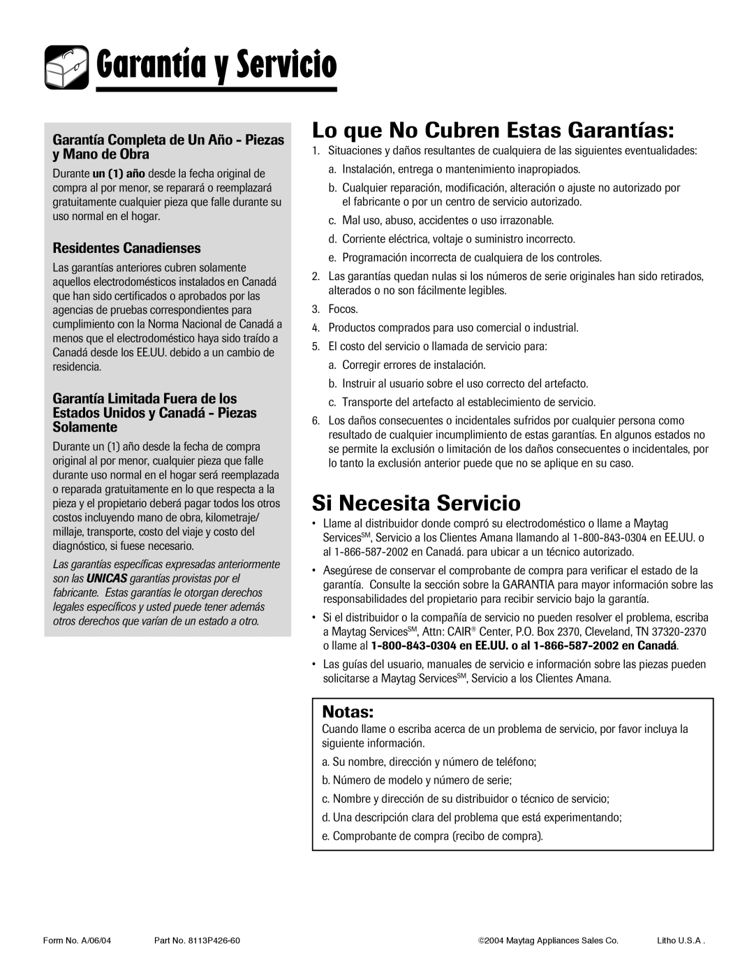 Amana Electronic Range Garantía y Servicio, Lo que No Cubren Estas Garantías, Si Necesita Servicio, Residentes Canadienses 