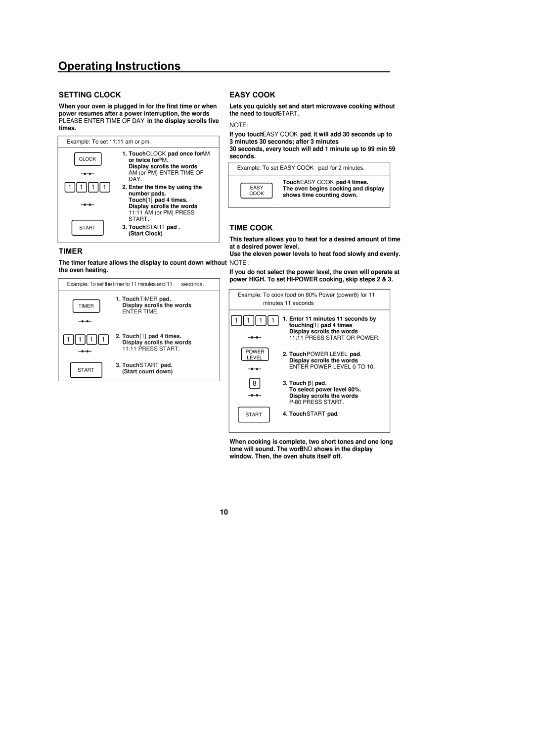 Amana M1031W, F1331W, F1331E, M1031E owner manual Operating Instructions, Setting Clock, Timer, Easy Cook, Time Cook 