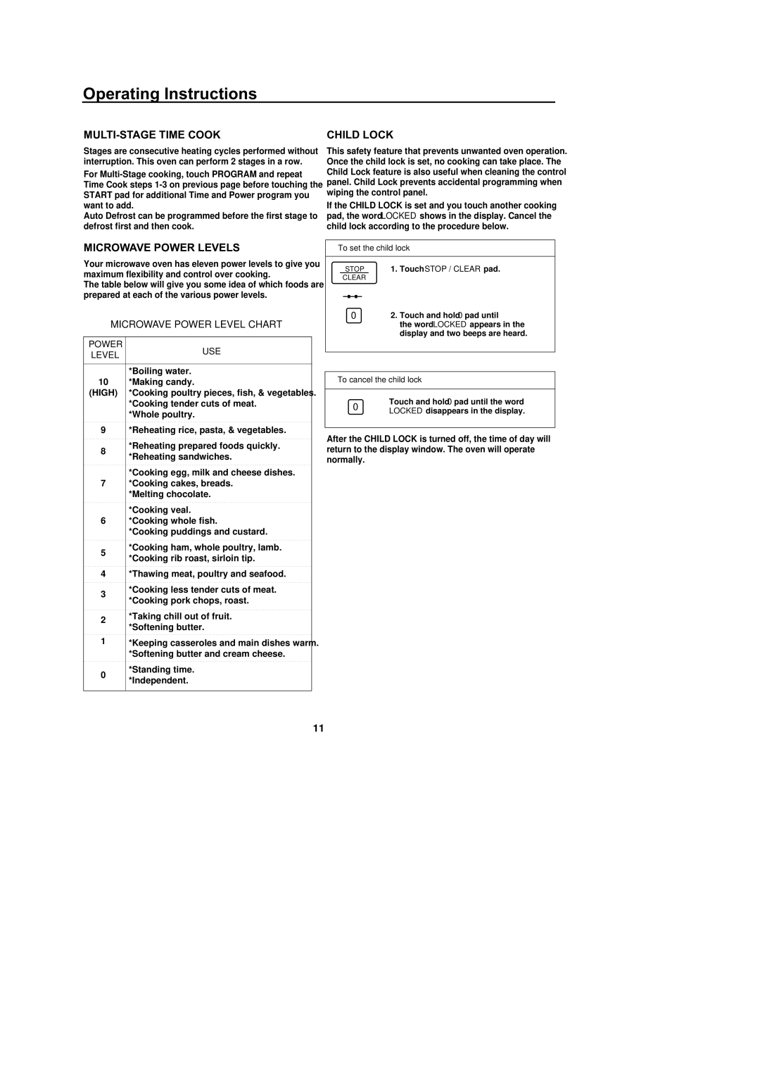 Amana M1031E MULTI-STAGE Time Cook, Microwave Power Levels, Child Lock, Microwave Power Level Chart, Power USE Level 