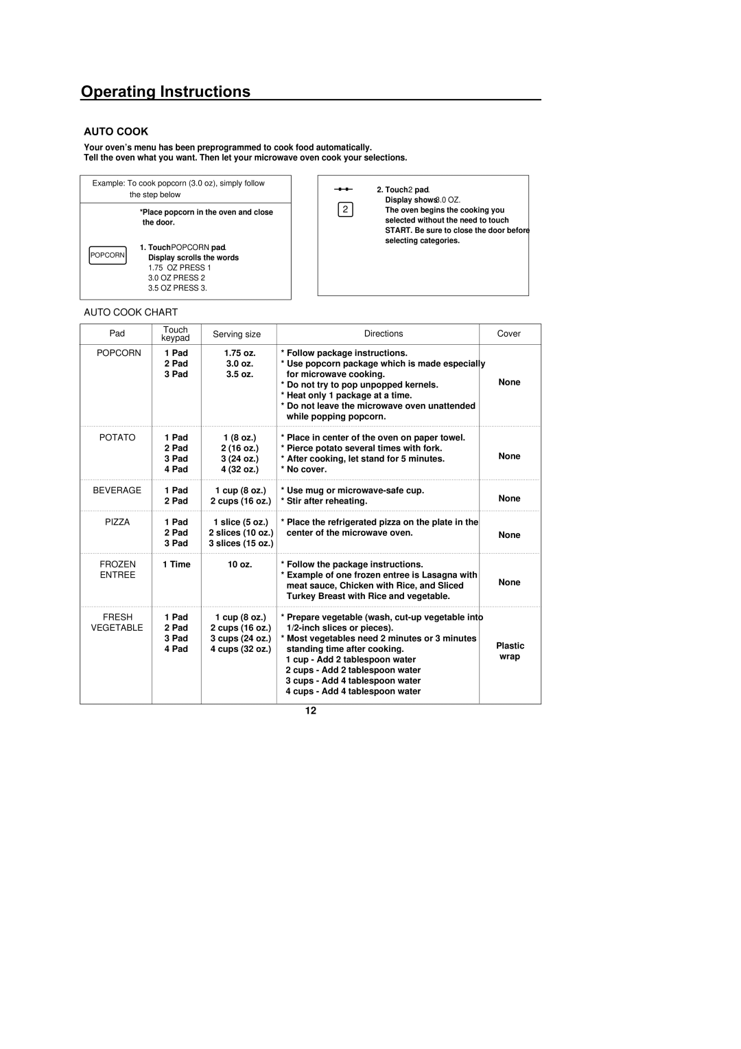 Amana F1331W, F1331E, M1031W, M1031E owner manual Auto Cook Chart 