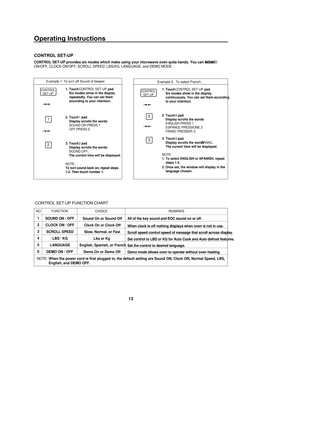 Amana F1331E, F1331W, M1031W, M1031E owner manual Control SET-UP Function Chart 