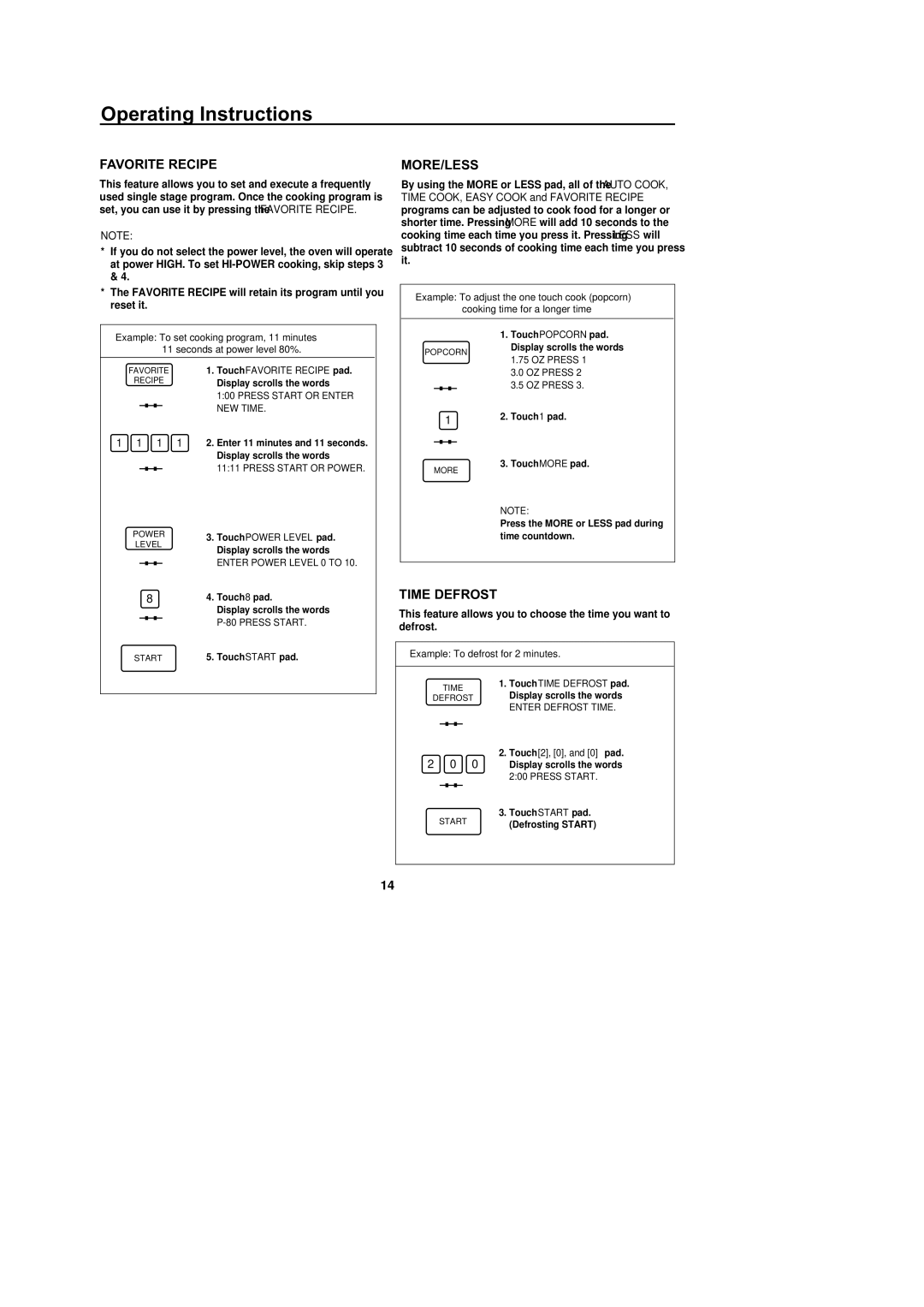 Amana M1031W, F1331W, F1331E, M1031E owner manual Favorite Recipe, More/Less, Time Defrost 