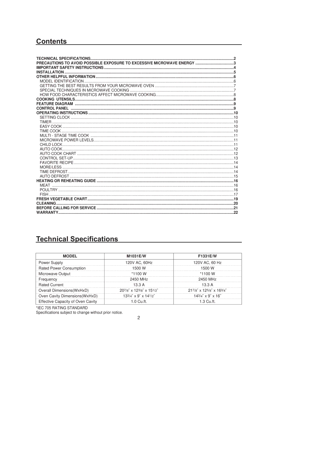 Amana M1031W, F1331W, F1331E, M1031E owner manual Contents, Technical Specifications 