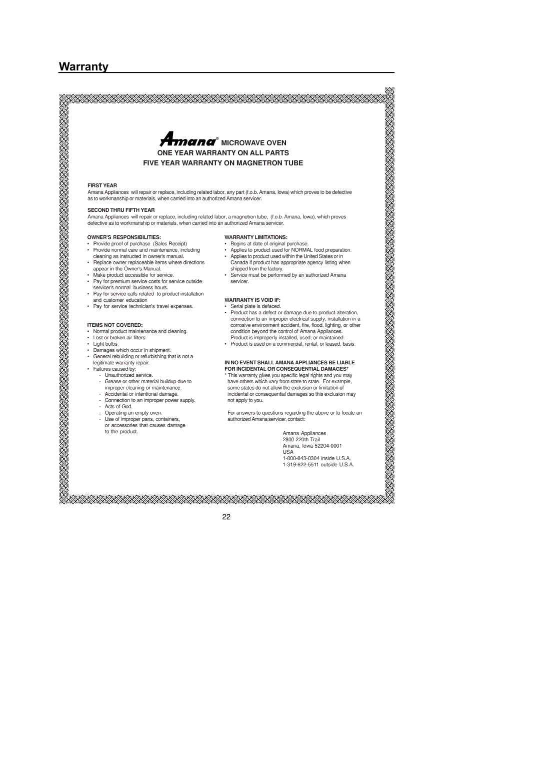 Amana M1031W, F1331W, F1331E, M1031E owner manual Warranty, First Year 