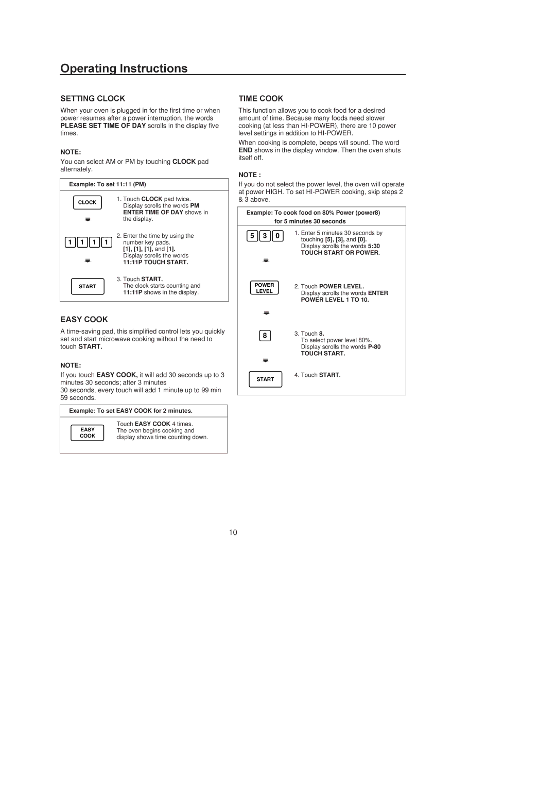 Amana F1961L/F1961SS, F1961E/F1961W, F136E/F1361W owner manual Operating Instructions, Setting Clock, Time Cook, Easy Cook 