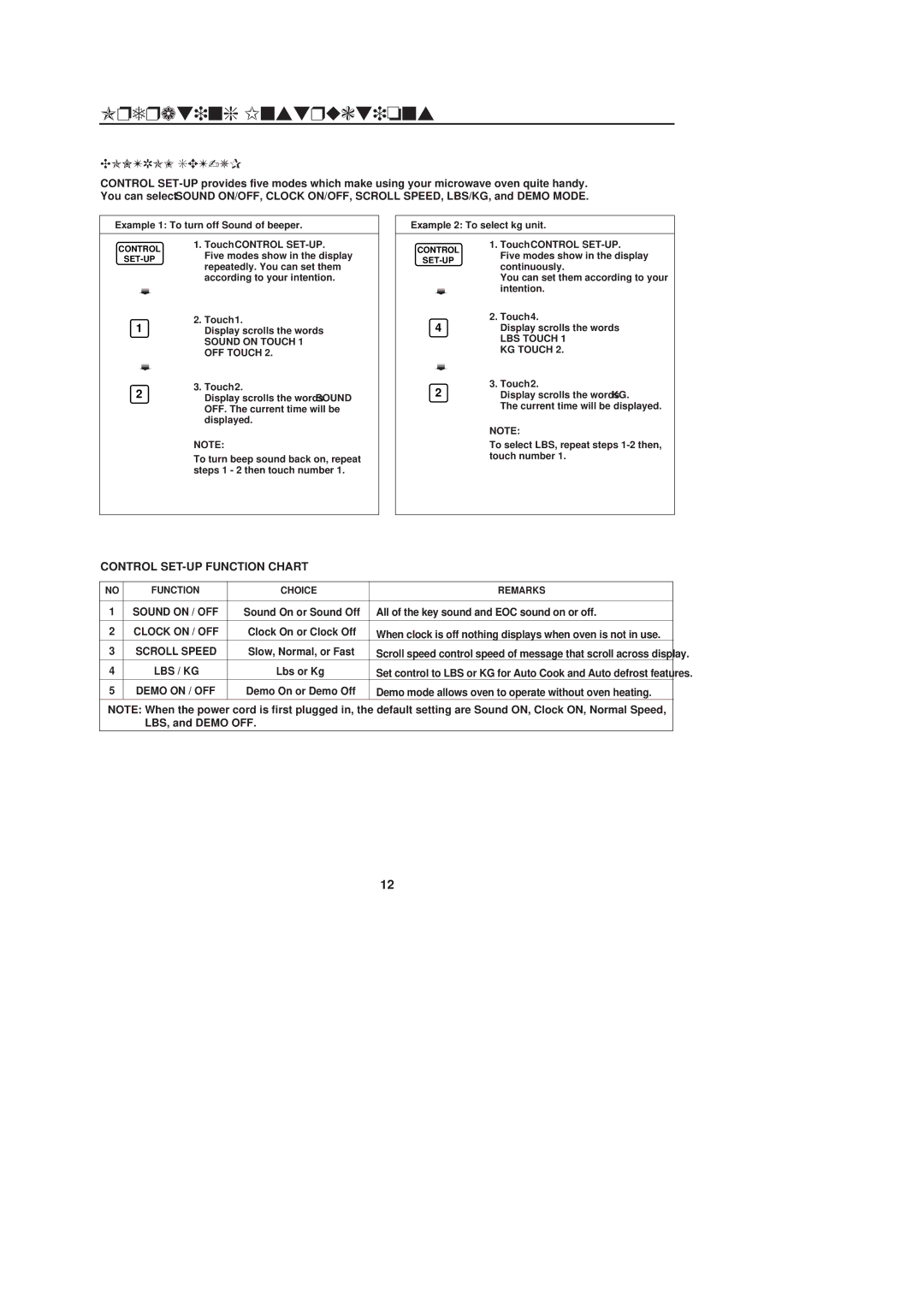 Amana F1961E/F1961W owner manual Control SET-UP, Sound on Touch 1 OFF Touch, LBS Touch 1 KG Touch, Function Choice Remarks 