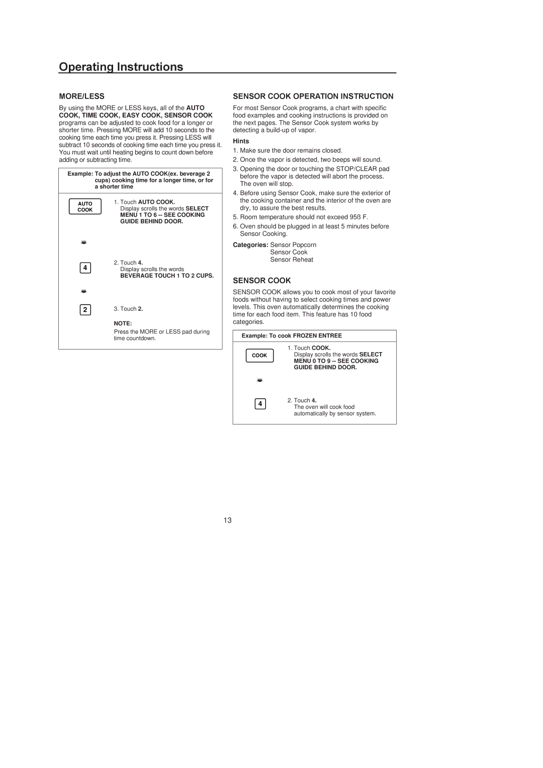 Amana F136E/F1361W, F1961E/F1961W, F1961L/F1961SS, MICROWAVE OVEN More/Less, Sensor Cook Operation Instruction, Hints 