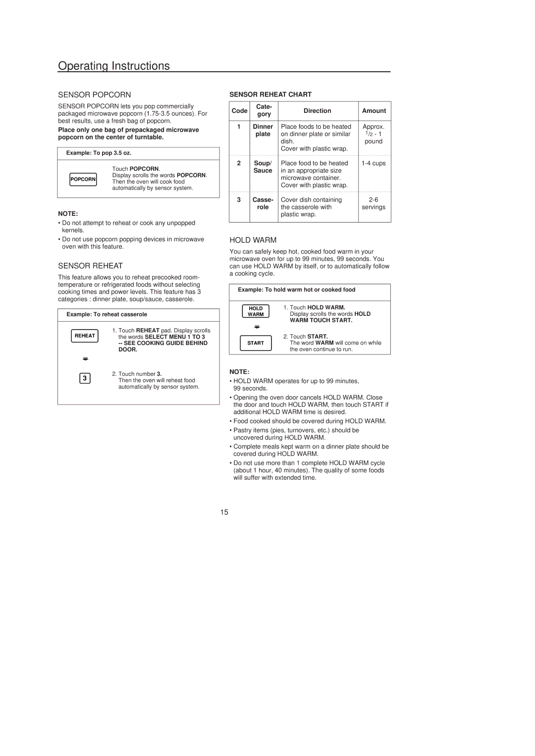 Amana MICROWAVE OVEN, F1961E/F1961W, F136E/F1361W, F1961L/F1961SS owner manual Sensor Popcorn, Sensor Reheat, Hold Warm 