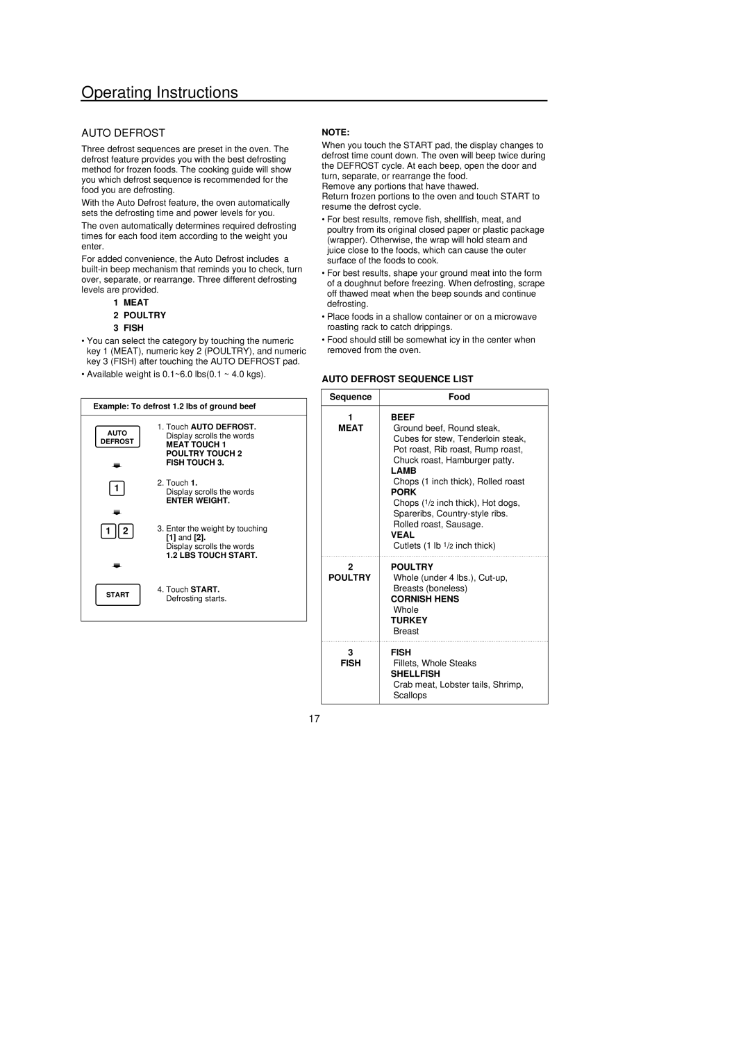 Amana F136E/F1361W, F1961E/F1961W, F1961L/F1961SS, MICROWAVE OVEN owner manual Auto Defrost 