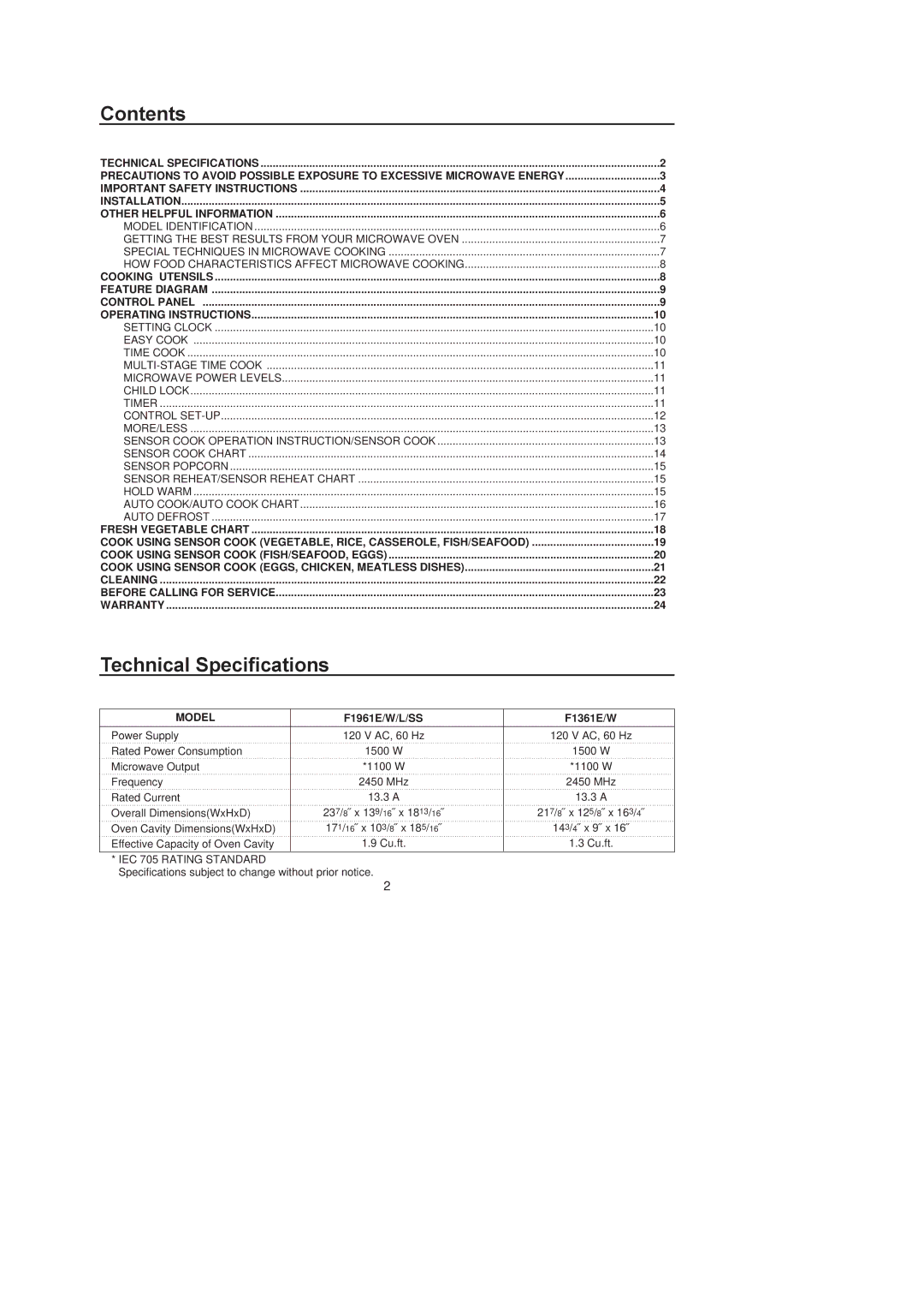 Amana F1961L/F1961SS, F1961E/F1961W, F136E/F1361W, MICROWAVE OVEN owner manual Contents, Technical Specifications 