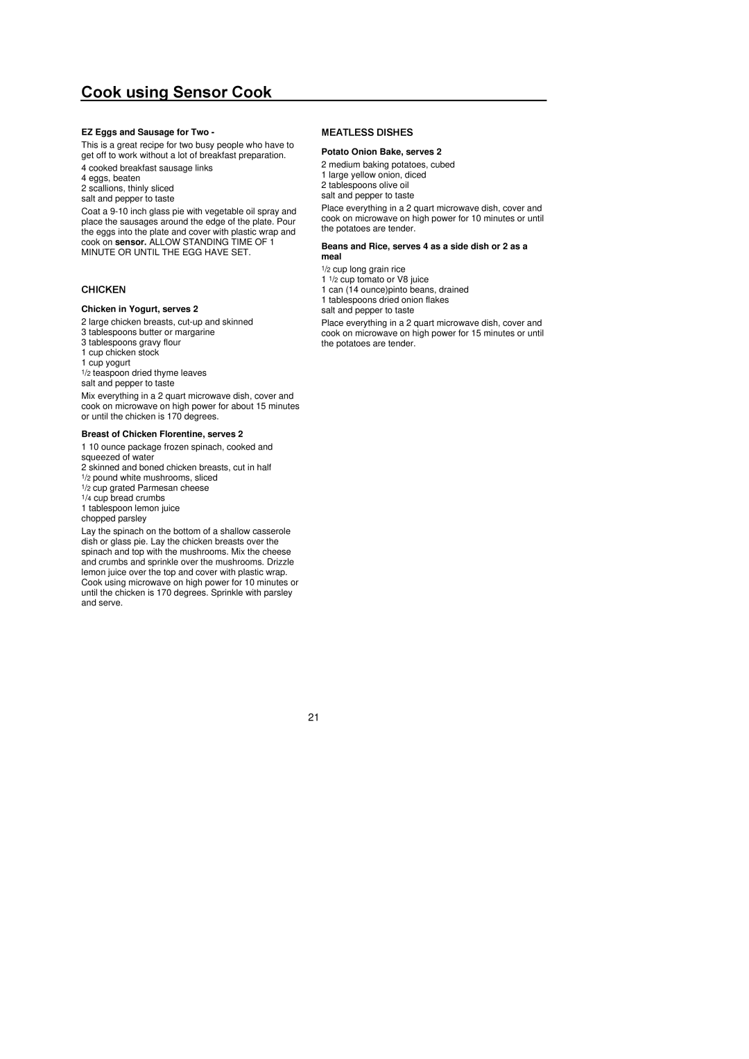 Amana F136E/F1361W, F1961E/F1961W, F1961L/F1961SS, MICROWAVE OVEN owner manual Chicken, Meatless Dishes 