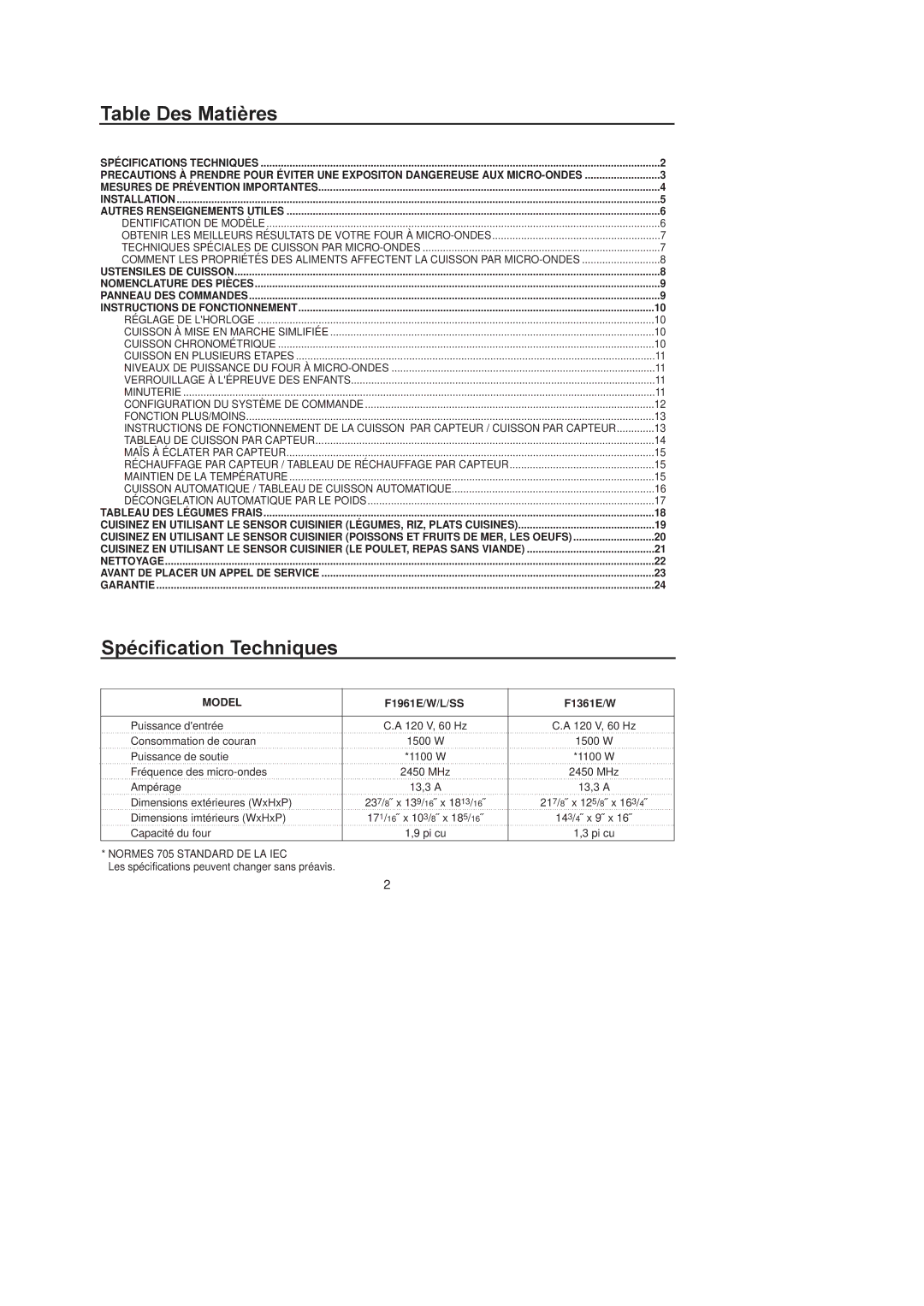 Amana F1961L/F1961SS, F1961E/F1961W, F136E/F1361W, MICROWAVE OVEN owner manual Table Des Matires, SpŽcification Techniques 