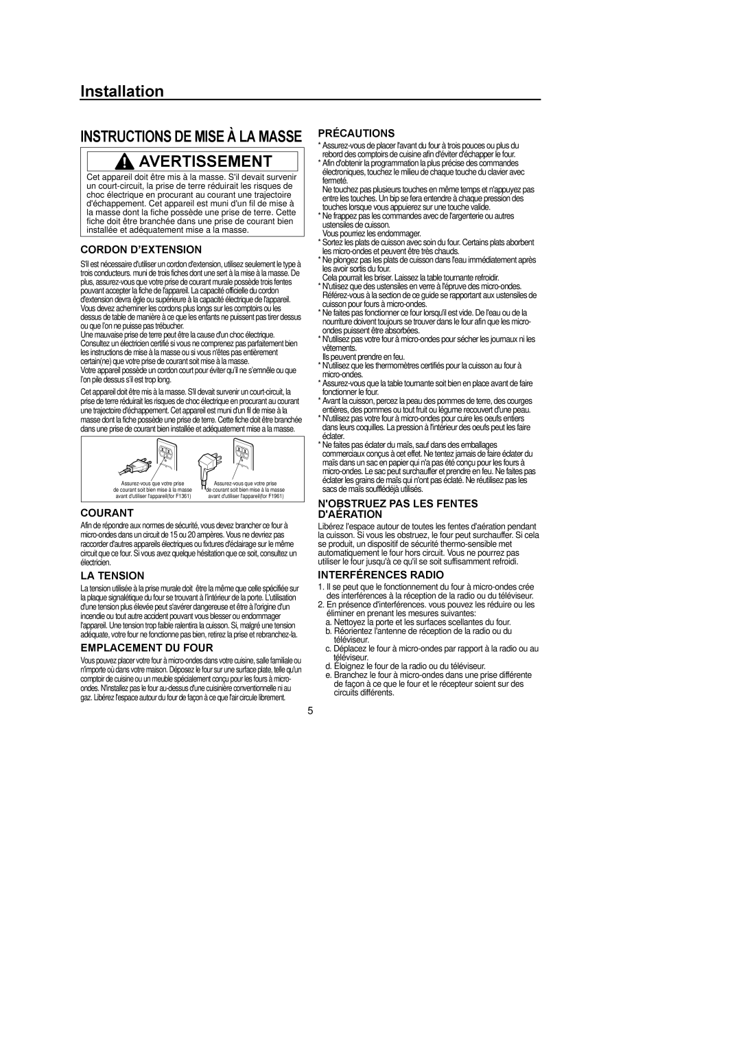 Amana F136E/F1361W, F1961E/F1961W Cordon Dõextension, Courant, Nobstruez PAS LES Fentes, LA Tension, Emplacement DU Four 