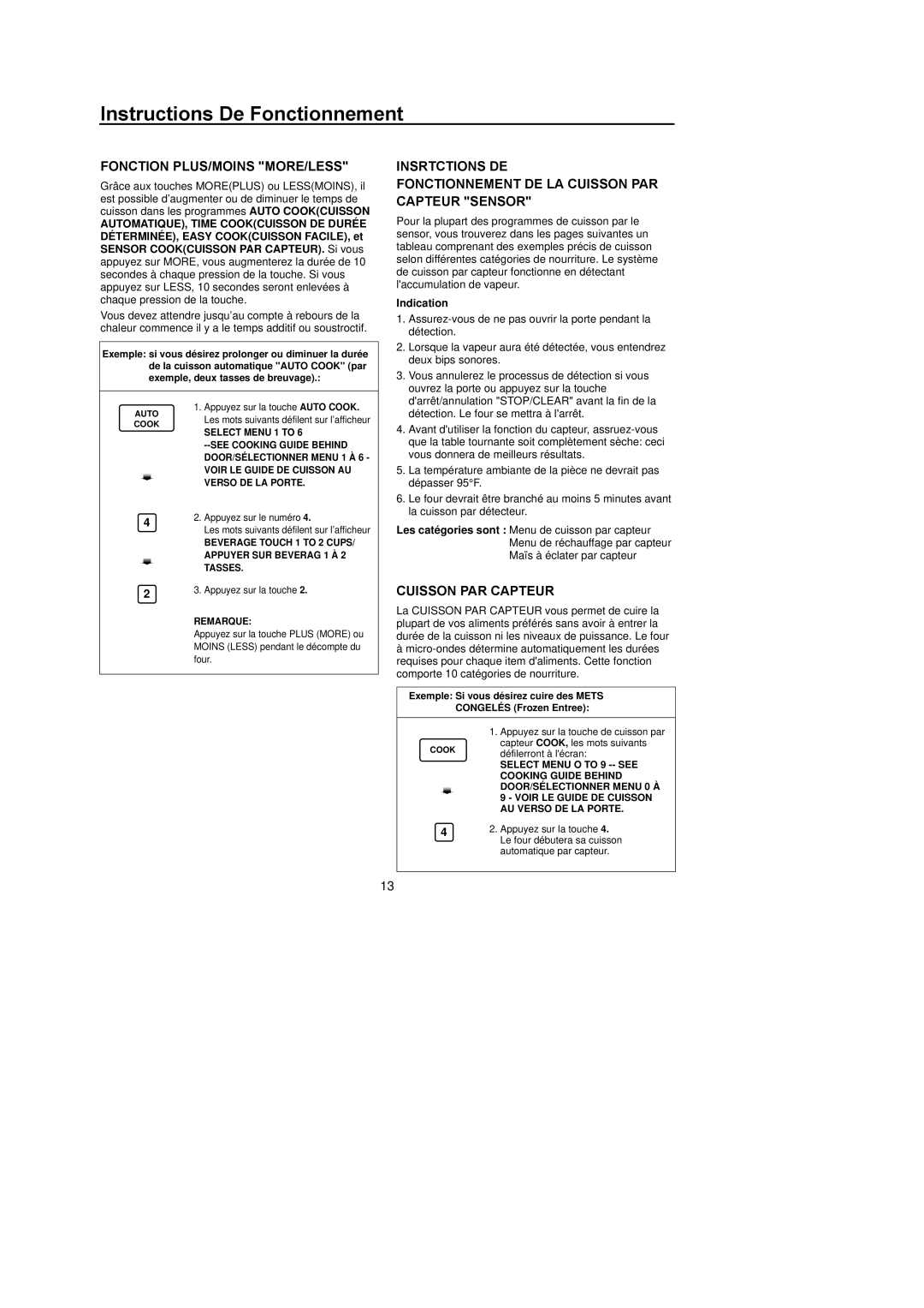 Amana F136E/F1361W, F1961E/F1961W, F1961L/F1961SS owner manual Fonction PLUS/MOINS MORE/LESS, Cuisson PAR Capteur, Indication 